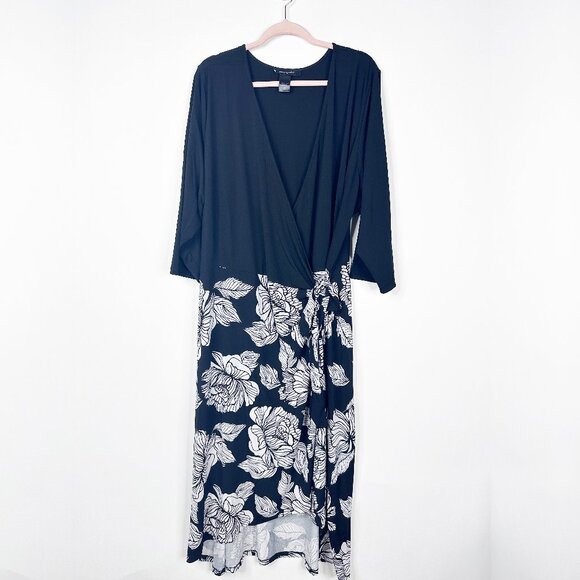 2/$30 Ashley Stewart Floral Faux Wrap High Low Dress Black White 26 #A1256 - Picture 3 of 6